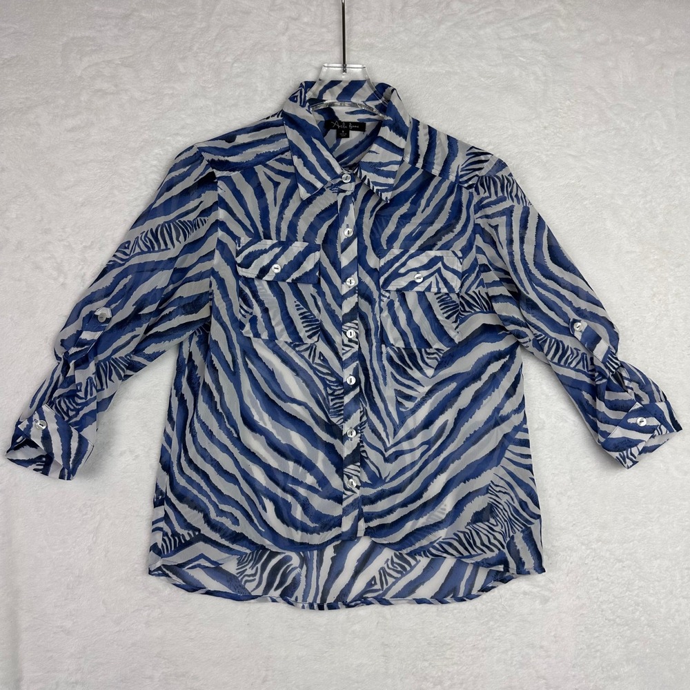 Antilia Femme Blue Black Zebra Print Roll Tab Sleeve Button Down Blouse Small